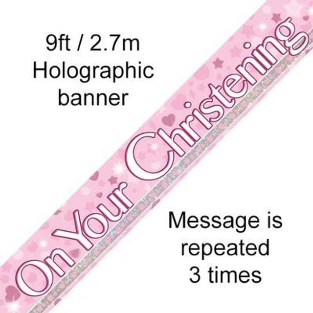 9FT BANNER CHRISTENING PINK HOLOGRAPHIC DOT