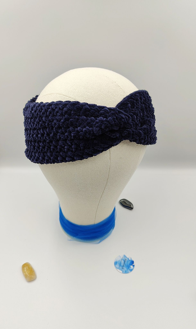 Bandeau de tête bleu foncé aspect velours fait au crochet, Bandeau hivers crocheté, bandeau de tête très doux 