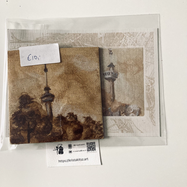 Mini schilderij Euromast Rotterdam nr 2 vierkant op magneet canvas met ansichtkaart 