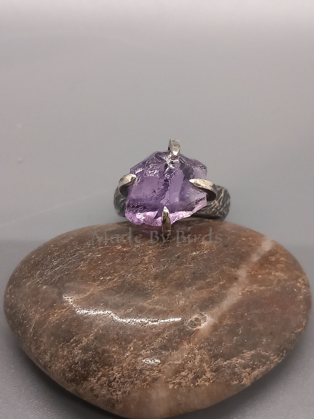 Raw Amethyst Claw Set Brutalist Style Sterling Silver Ring