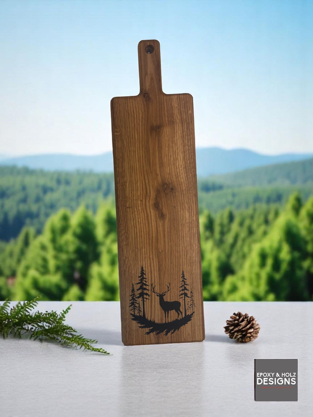 Partybrett 55 cm – Massivholz Eiche mit Hirsch-Inlay