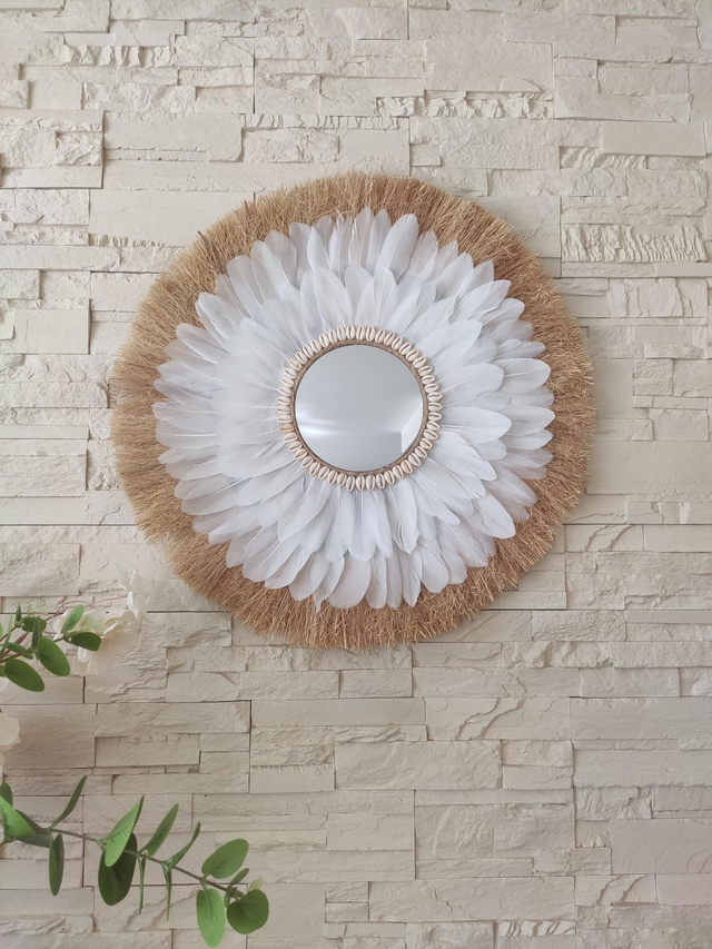 Jujuhat raphia plumes blanches et coquillages