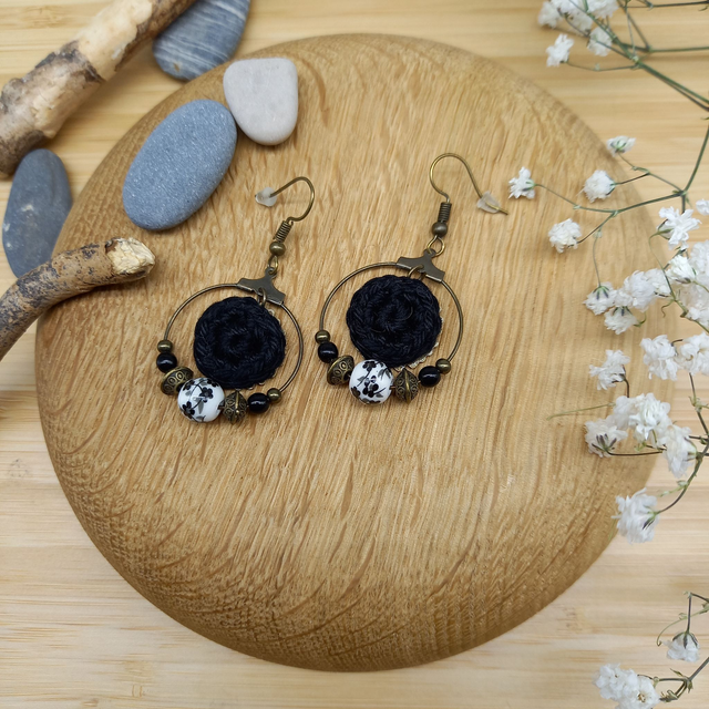 Parure noire et bronze - Boucles d'oreille créoles noires