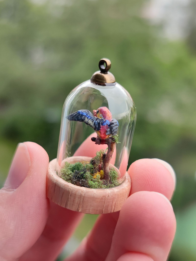 Oriental dwarf kingfisher - one of a kind miniature diorama jewelry