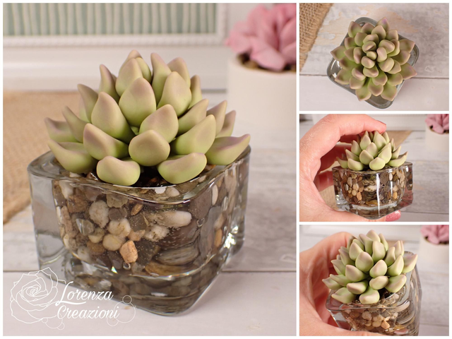 Pianta grassa verde chiaro e punte sul viola, succulenta, artigianale modellata a mano in argilla polimerica (fimo). Made in Italy.