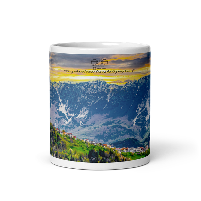  Tazza bianca lucida sunset cloudy mountain 
