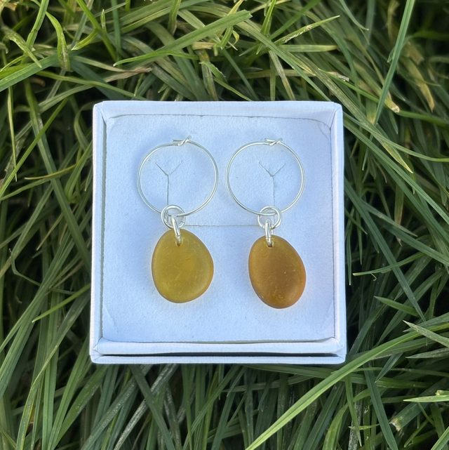 Amber Seaglass &amp; Sterling Silver Hoops