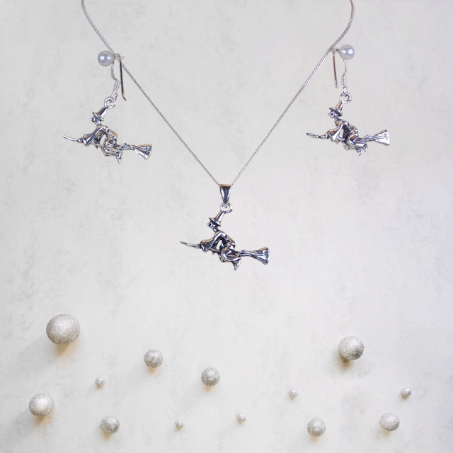 Sterling Silver Witch on Broomstick Jewellery Set - Fly Into Wicked Style