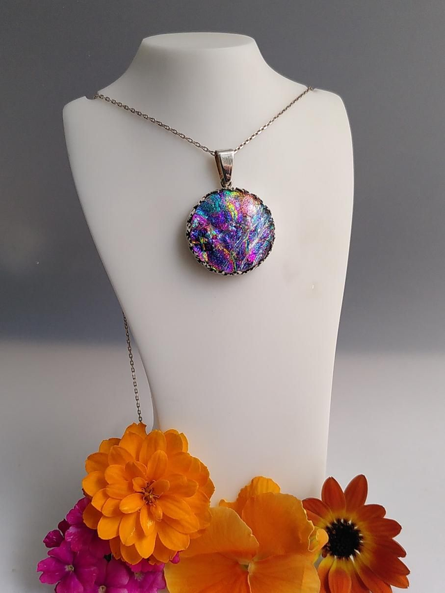 Sterling silver and fused dichroic glass pendant and chain