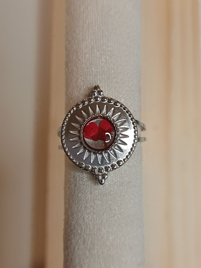 Bague Ethnique 6 mm - Fleur Rouge - Argent