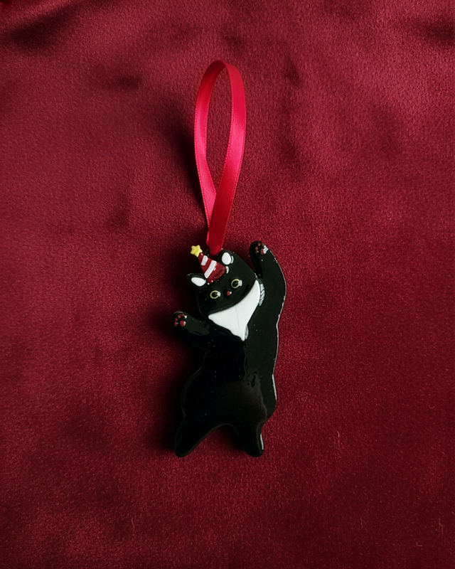 Handmade Climbing Cat Ornament | Black and White Christmas Decoration for Cat Lovers