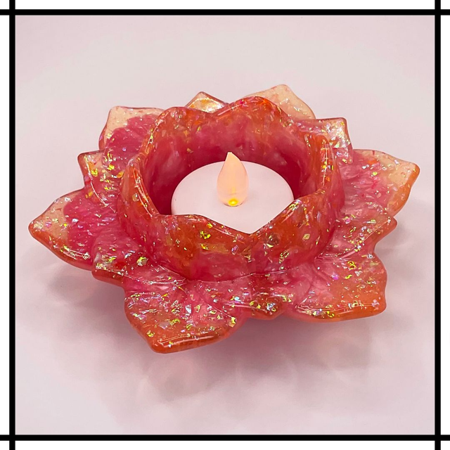 Handmade Resin Lotus Flower Tealight Holder – Iridescent Orange, Pink and White | Decorative Mindfulness Home Décor - LTH-016
