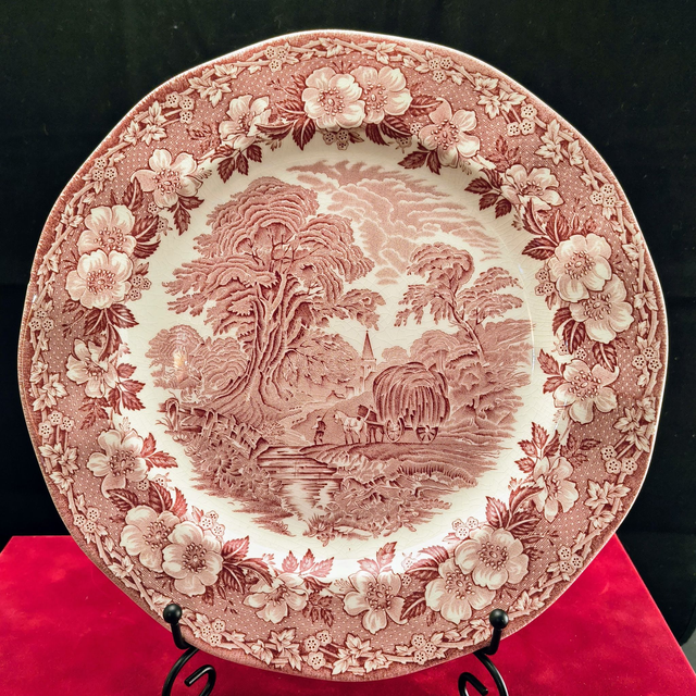 Enoch Wedgwood | Serveerschaal Platte schaal Rond (diameter 29,0 cm | hoogte 2,1 cm) 'Woodland' motief in Roze | Vintage - Onvolkomenheid