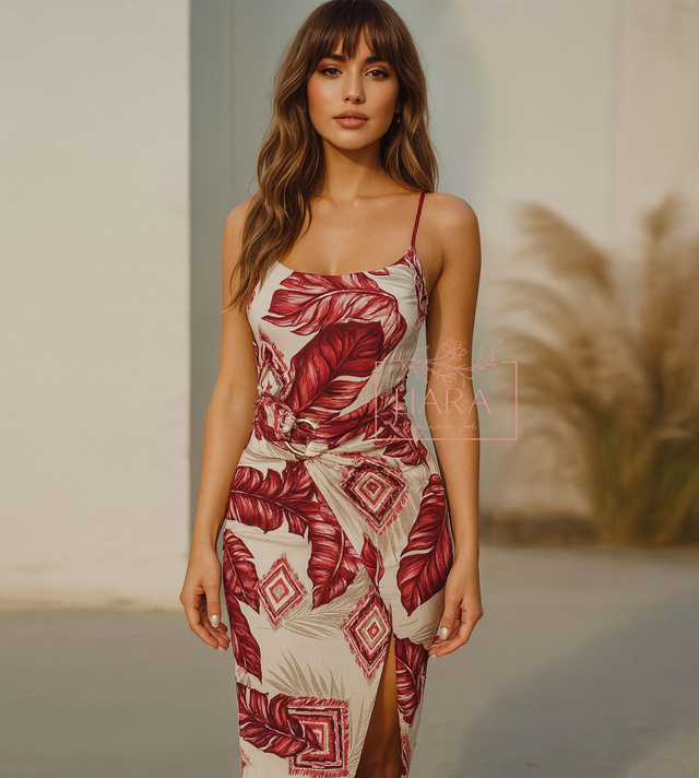 Wickel look Kleid rot creme Blätter Print