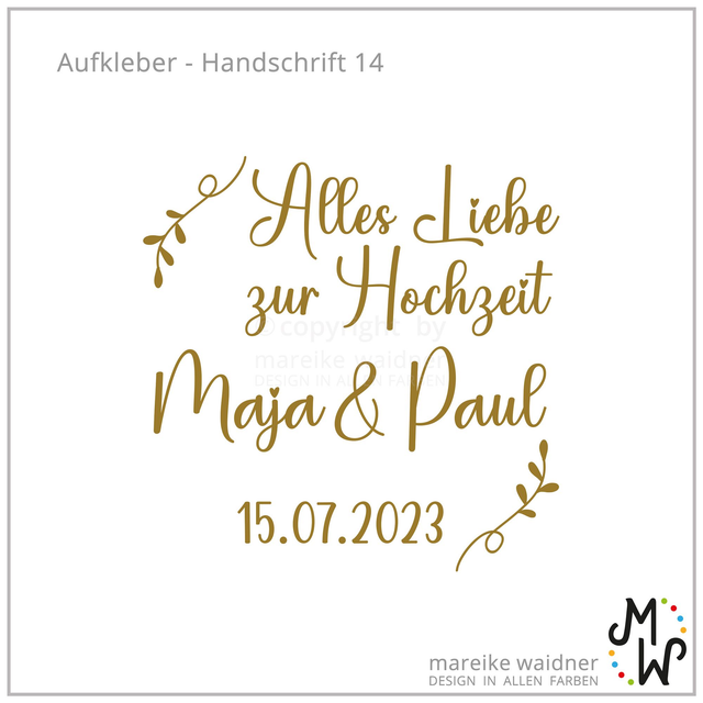 Aufkleber | Heirat / Hochzeit | Name + Datum | Handschrift 14