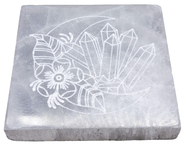 Plaque de Rechargement Sélénite Lune &amp; Minéraux 10cm