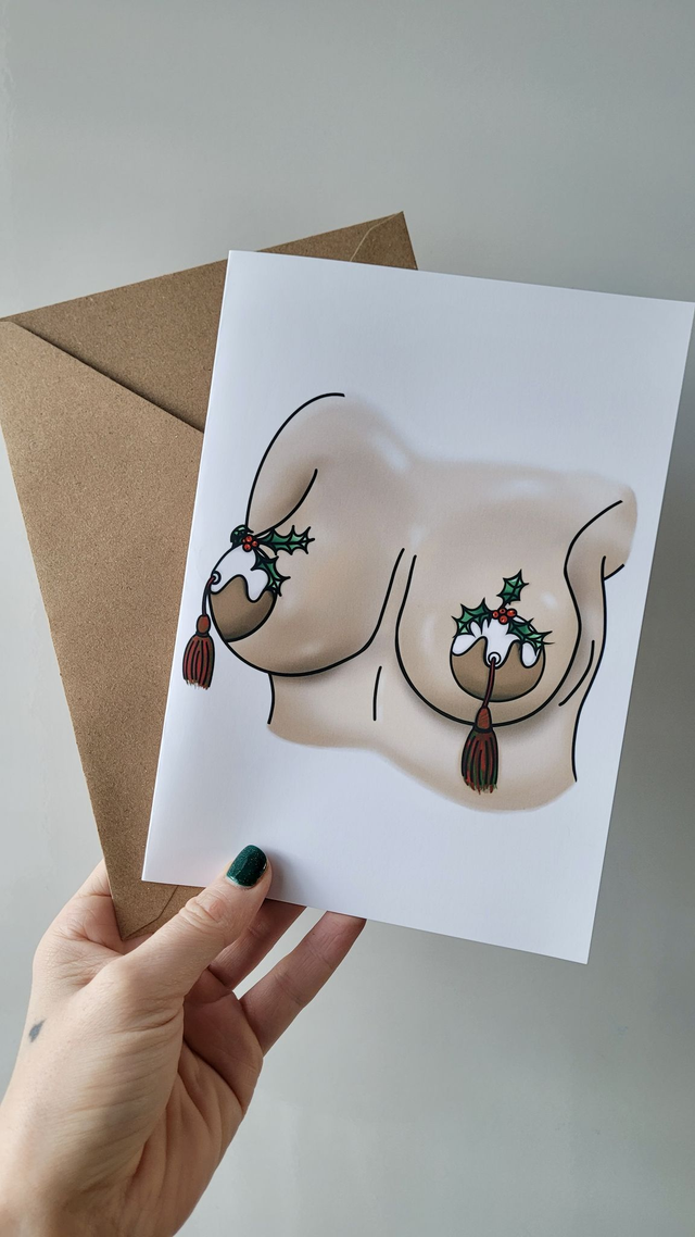 Christmas Pudding Nipple Tassels Cheeky Christmas Card - A5 Greetings Card