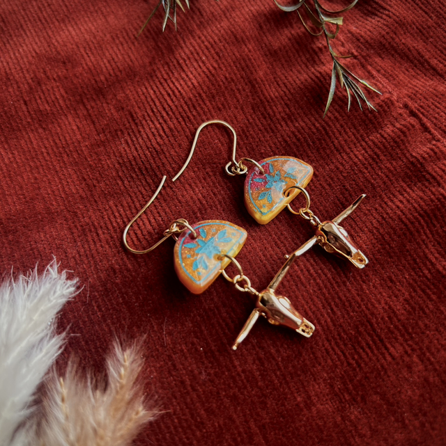 Floral Half Moon Earrings with Floral Details and Bull Skull Charms