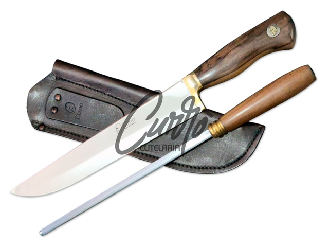 Conjunto Churrasco Faca Chaira Elmo Inox Cabo Madeira 10 Pol