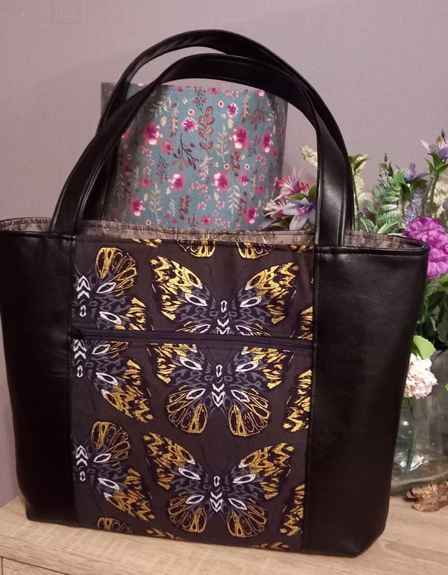 Shoulder Tote Bag - Butterfly and Black Faux Leather 