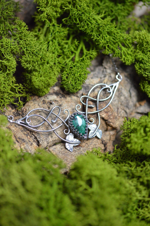 Collier Elfique - Malachite, feuilles de lierre