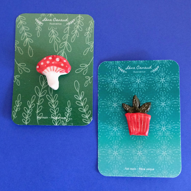 Broche céramique - Famille Plante et Champignon