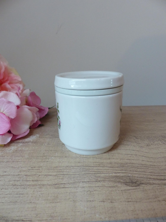 Tisanière vintage en porcelaine – décor fleurs de mélisse – avec filtre et couvercle – fabriquée en Allemagne