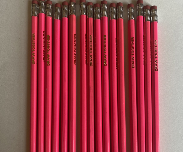Pencil - pink with rubber tip and ‘draw together’ in gold text 