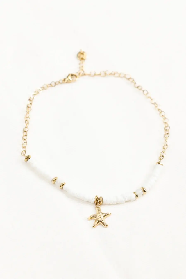 Chaîne de Cheville Pierres Blanches et Pendentif Etoile de Mer