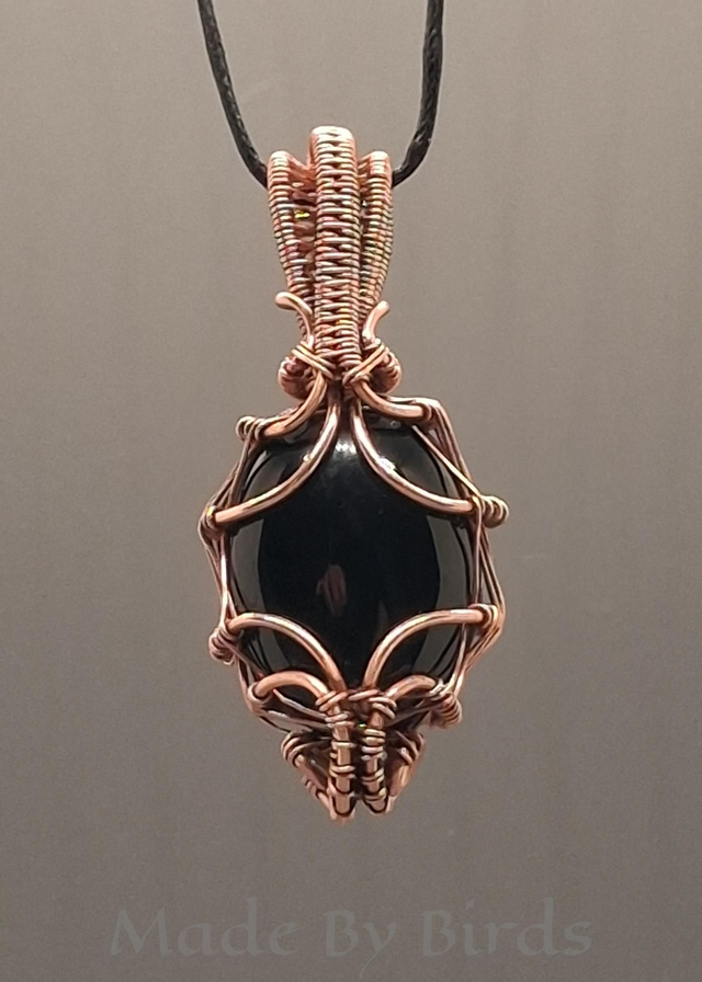 Black Onyx And Copper Wire Weave Pendant
