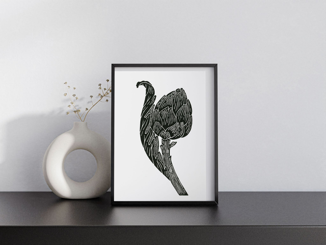 Linogravure Artichaut – Impression artisanale A5 sur papier bamboo