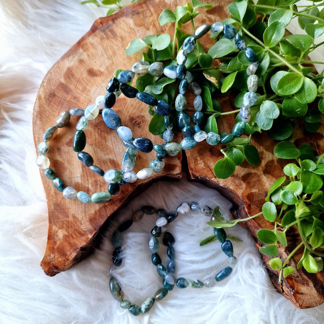 Moss Agate Pebble Beaded Bracelet 