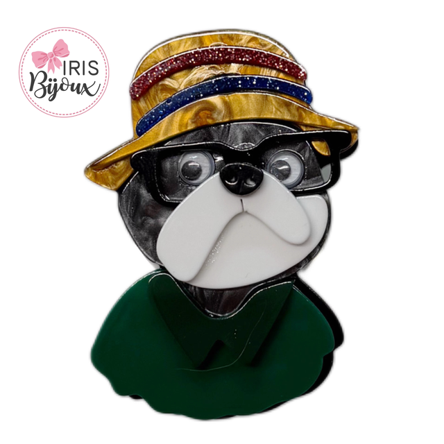 Spilla cane con occhiali e cappello vestito verde 