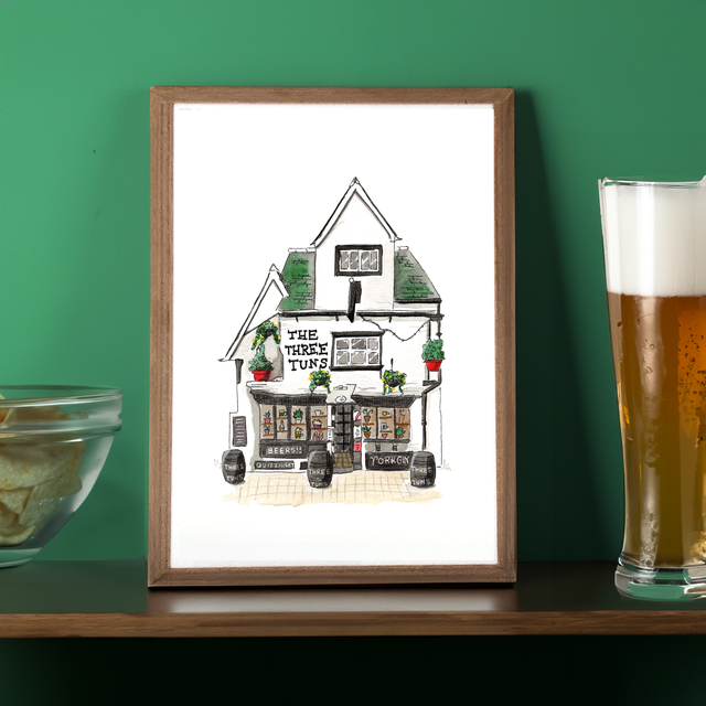 Cozy English Pub Art Print – The Three Tuns – Watercolor Pub – English Wall Decor