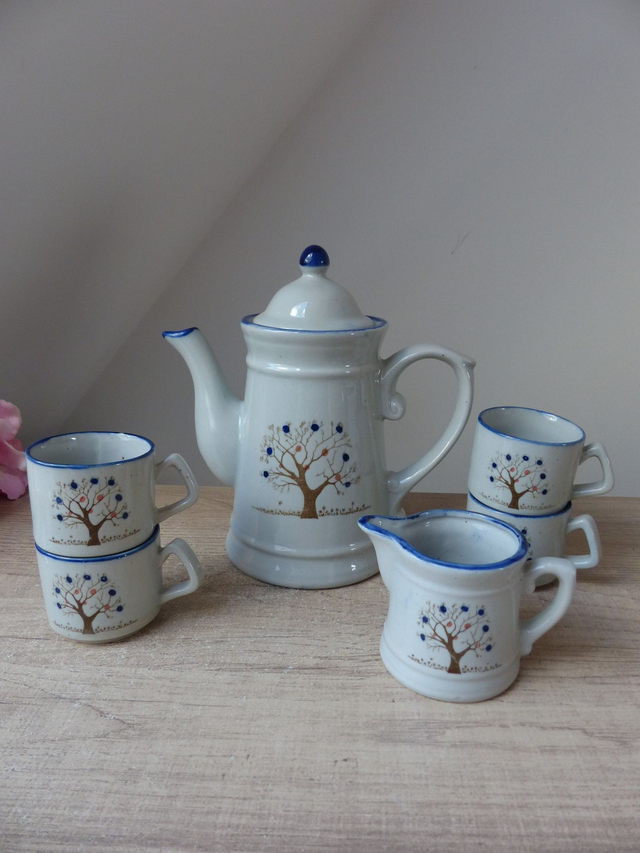 Service à café Taiwan en céramique vintage, 6 pièces, 1 cafetière, 4 tasses, 1 pot à lait, motif arbre de vie, cadeau anniversaire fête mère