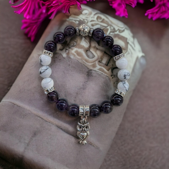 Calme /Mental /Bracelet en Howlite et Améthyste / 8 mm