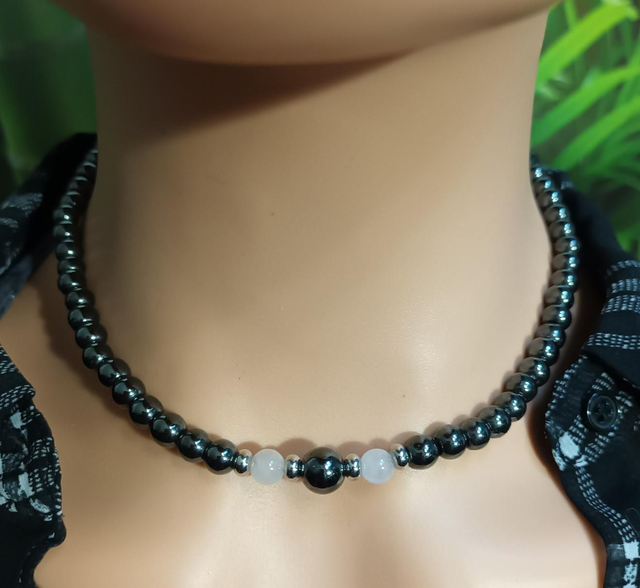 Collier en hématite magnétique et quartz rose