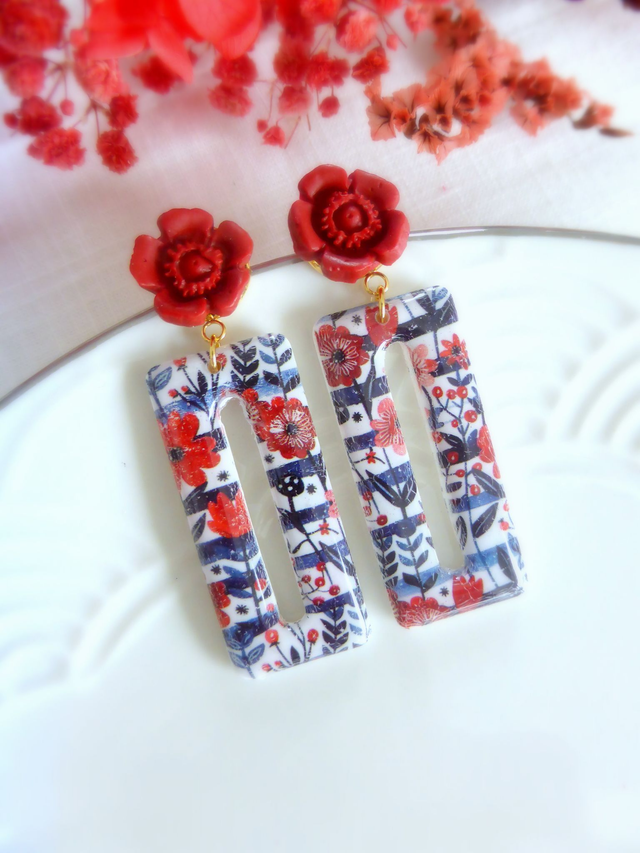 Boucles d'oreilles rectangulaires - Fleurs de Feu