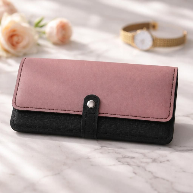 ✨️ PROMO ✨️ Portefeuille / Porte-chéquier en cuir - Noir et rose