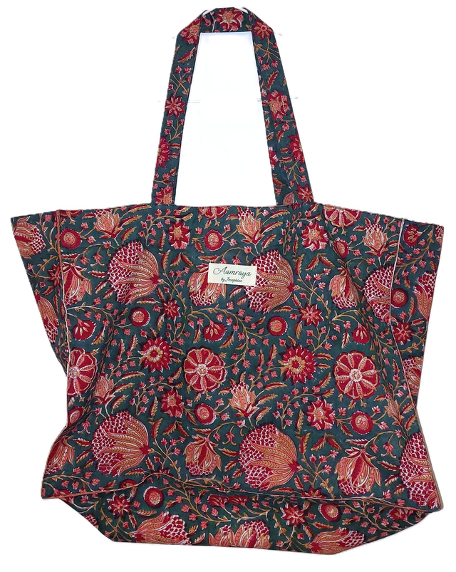 Grand sac cabas vert, rouge, rose en coton imprimé à la main au block print - Doublure en coton rayé - Tote bag - Confectionné en Inde