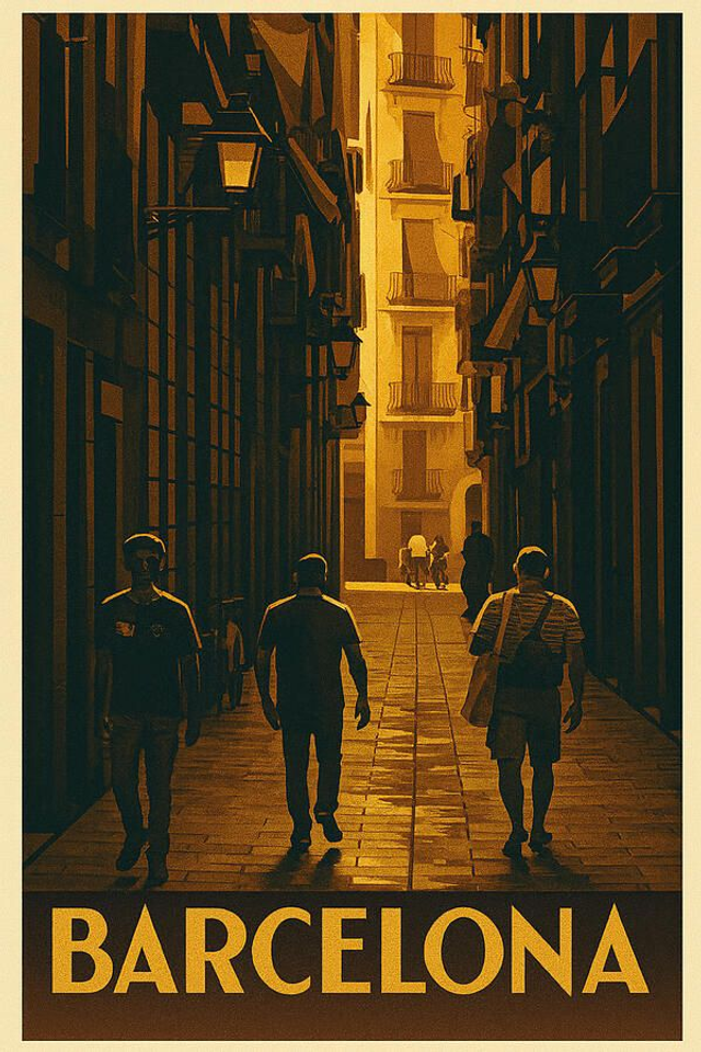 Póster vintage de la escena callejera del casco antiguo de Barcelona con sombras del Barrio Gótico