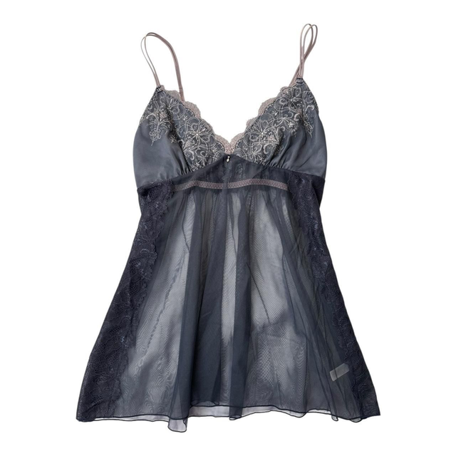 Japanese brand navy embroidered cups cami with mocha/mauve embroidered details and straps 