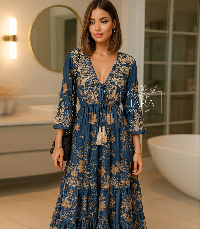 Maxi Kleid im Jeans Look bestickt Oesize