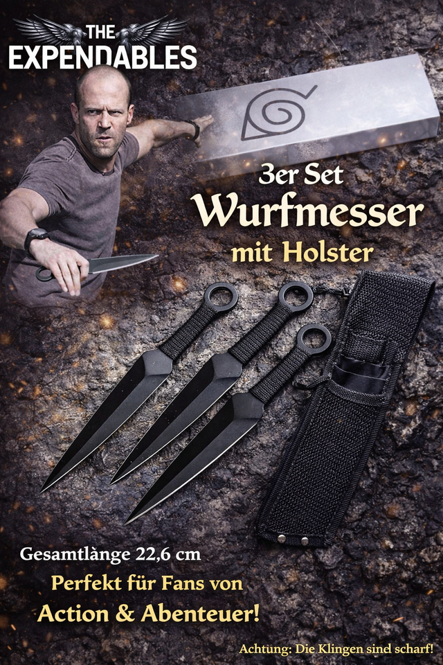 NEU Wurfmesser Kunai 3er Set schwarze Messer mit Cordura Holster für Sammler Sport Wurfsport Anime Manga Expedables Fans