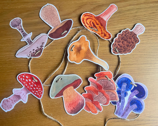 Wild Mushroom &amp; Fungi Garland (130cm) | 9 Watercolour Botanical Icons | Toadstool Bunting