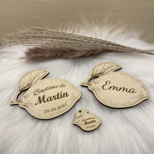 Magnet marque-place citron bois gravé – Cadeau invité personnalisé pour mariage, baptême, communion