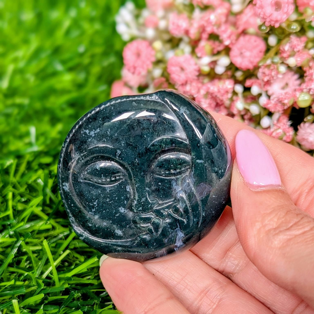 Moss Agate Sun &amp; Moon Carving 