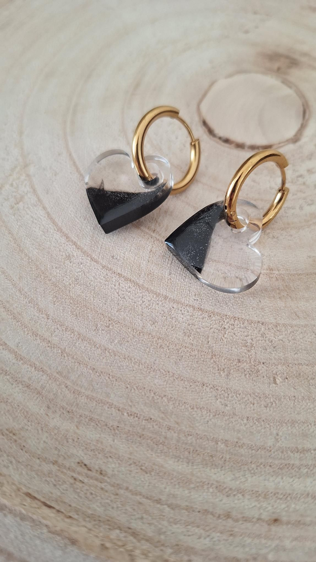 Boucles d'oreilles créoles dorés cœur noir/transparent 