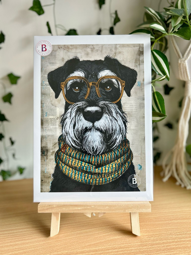 Schnauzer Dog In Glasses Mixed Media Art Print A4