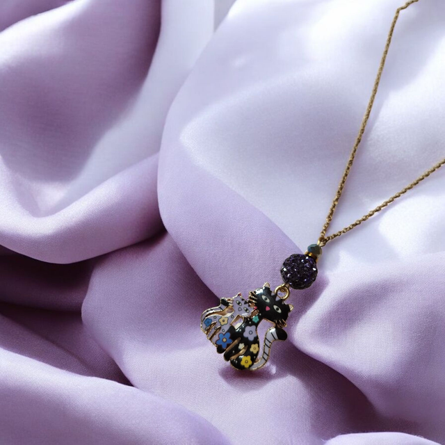 Collier acier inoxydable et cristal noir et violet chats